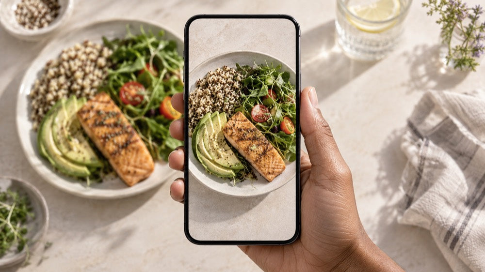 A hand holding a phone over a salmon, quinoa and avocado lunch