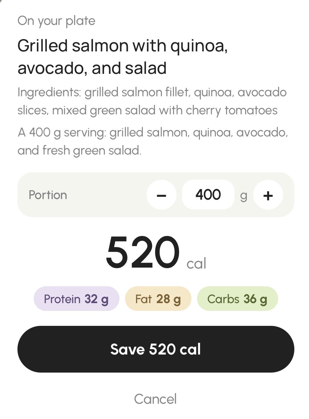 On your plate: grilled salmon with quinoa, avocado and salad.